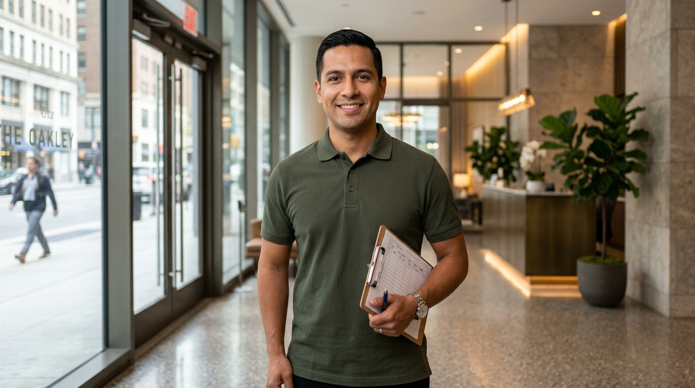 Conserje profesional de Grupo Cleanly en la recepción de un edificio residencial