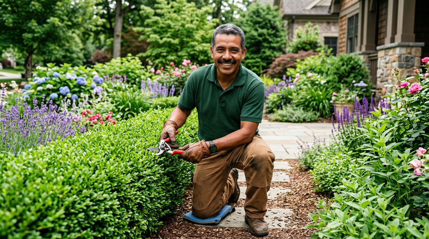 Jardinero profesional de Grupo Cleanly realizando mantenimiento de jardines en conjunto residencial