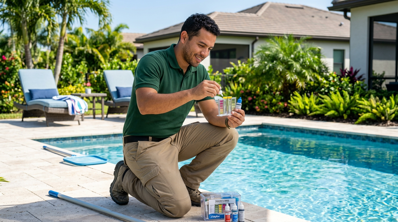 Técnico de mantenimiento de piscinas de Grupo Cleanly realizando control de calidad del agua